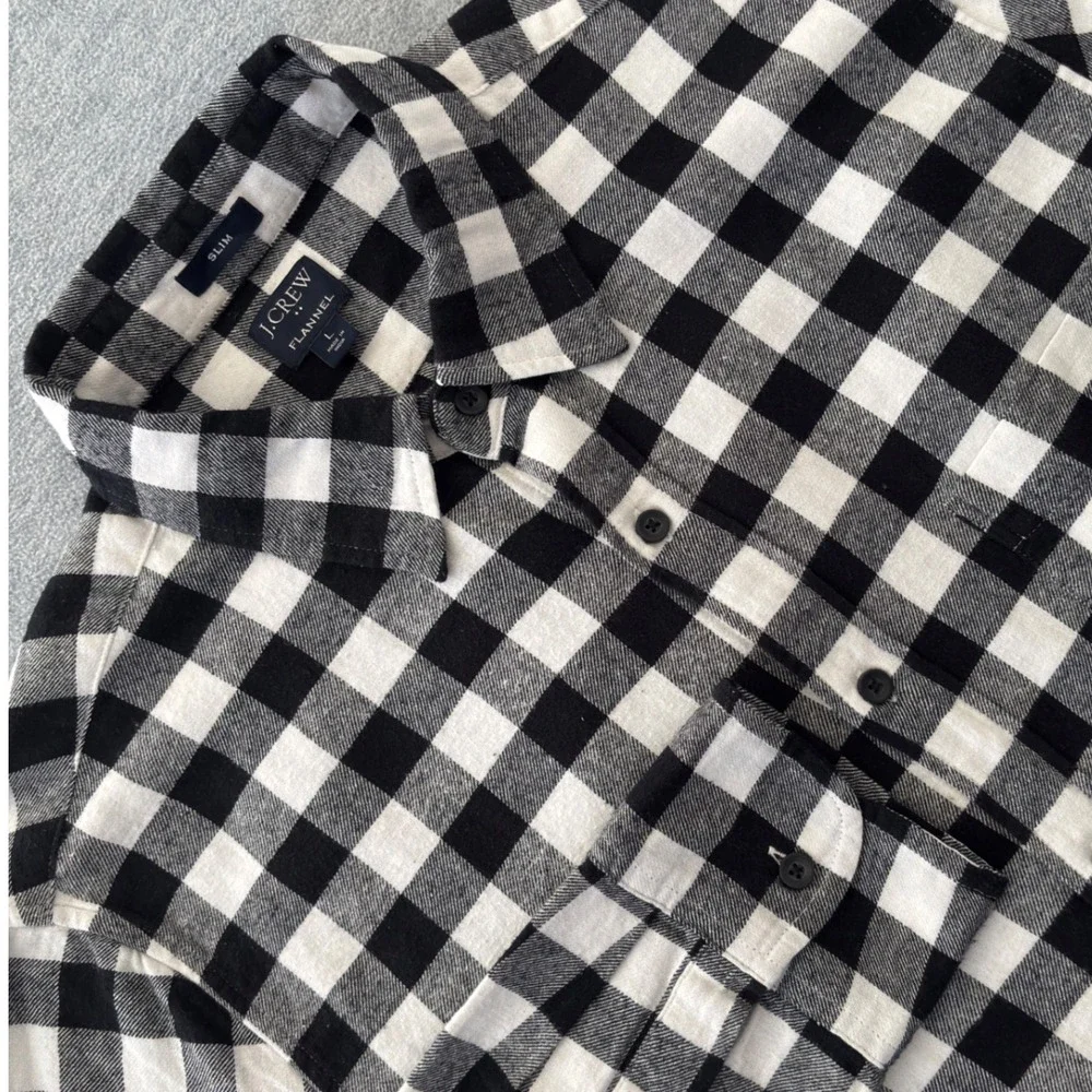 J.Crew Mens Slim Fit Flannel Shirt Large Black White Buffalo Check Plaid Cotton